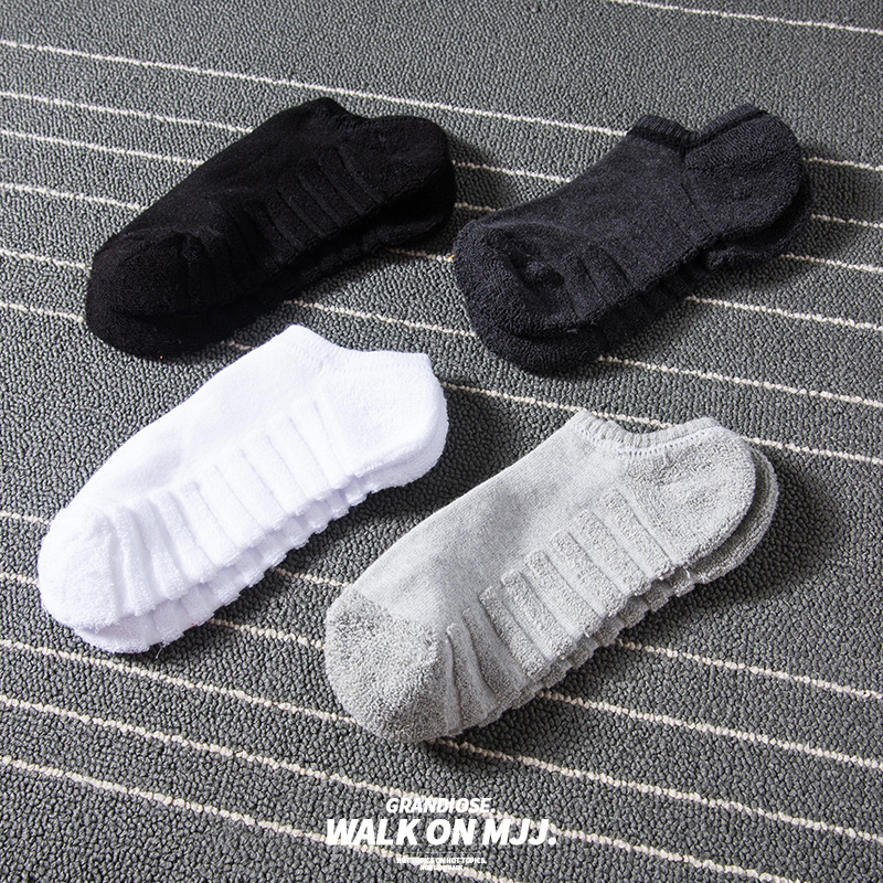 袜子男款夏天短袜夏季薄纯棉毛巾防滑不掉跟船袜女棉潮男士运动袜 - 图1