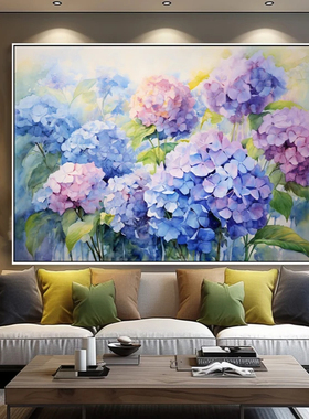 大芬村纯手绘油画抽象绣球花轻奢花卉客厅装饰画横版餐厅卧室挂画