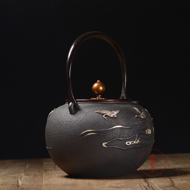日本铁壶原装进口纯手工银镶嵌铸铁壶日式煮水普洱茶壶生铁壶-图1