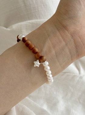 复古天然檀木星星吊坠手串手链