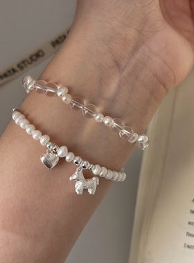 925银小马拉丝手串水晶珍珠手链