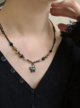 复古贝壳项链黑猫S925银锁骨链