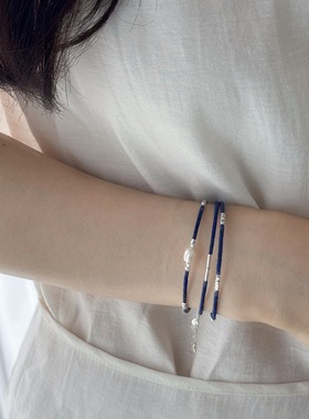 叠戴天然青金石手链S925银细链条