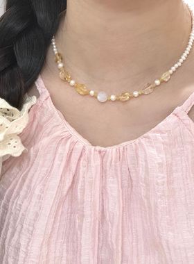 天然黄水晶设计感项链珍珠颈链