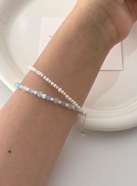 S925银海蓝宝小众双层手链珍珠