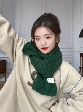 百搭韩版针织毛线红色围巾女冬季高级感新年礼物情侣窄版短围脖潮