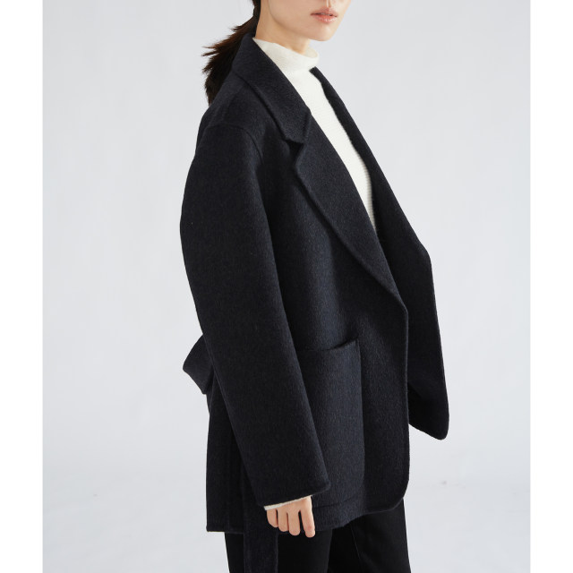 一丝牵 羊毛双面呢西装外套中长款纯色系带新款气质大衣冬新款