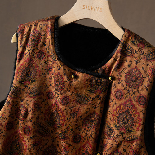 一丝牵 双面穿100%桑蚕丝提花香云纱加厚马甲环保水貂毛国风外套 - 图0