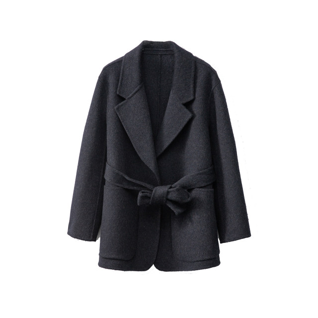 一丝牵 羊毛双面呢西装外套中长款纯色系带新款气质大衣冬新款