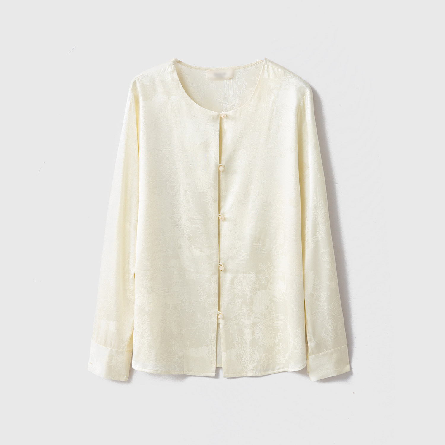 一丝牵 真丝提花花萝圆领斜门襟上衣女桑蚕丝国风盘扣长袖衬衫春,淘宝优惠券,粉丝福利购,淘宝优惠卷