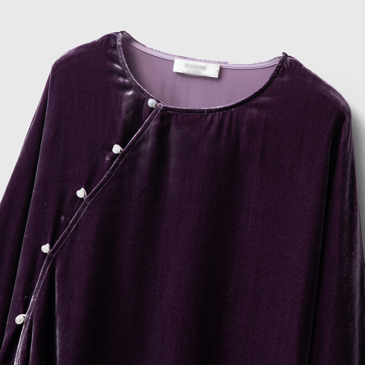 一丝牵圆领珍珠扣国风斜门襟真丝丝绒系带长袖上衣宽松显瘦桑蚕丝 - 图0