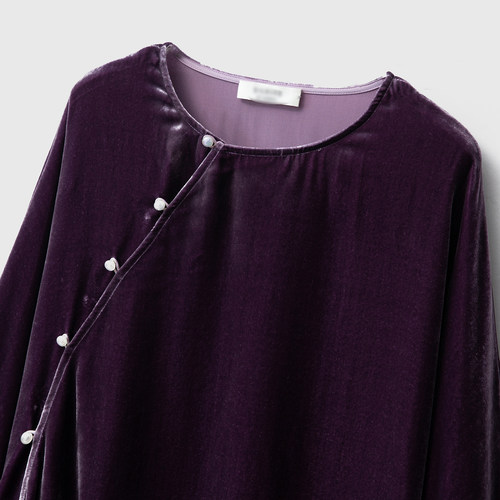 一丝牵圆领珍珠扣国风斜门襟真丝丝绒系带长袖上衣宽松显瘦桑蚕丝 - 图0