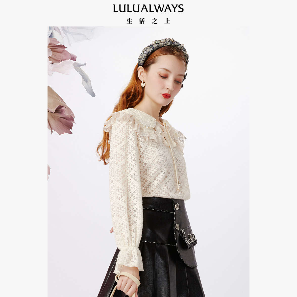 lulualways冬季法式系带长袖雪纺衫 LULUALWAYS蕾丝衫/雪纺衫