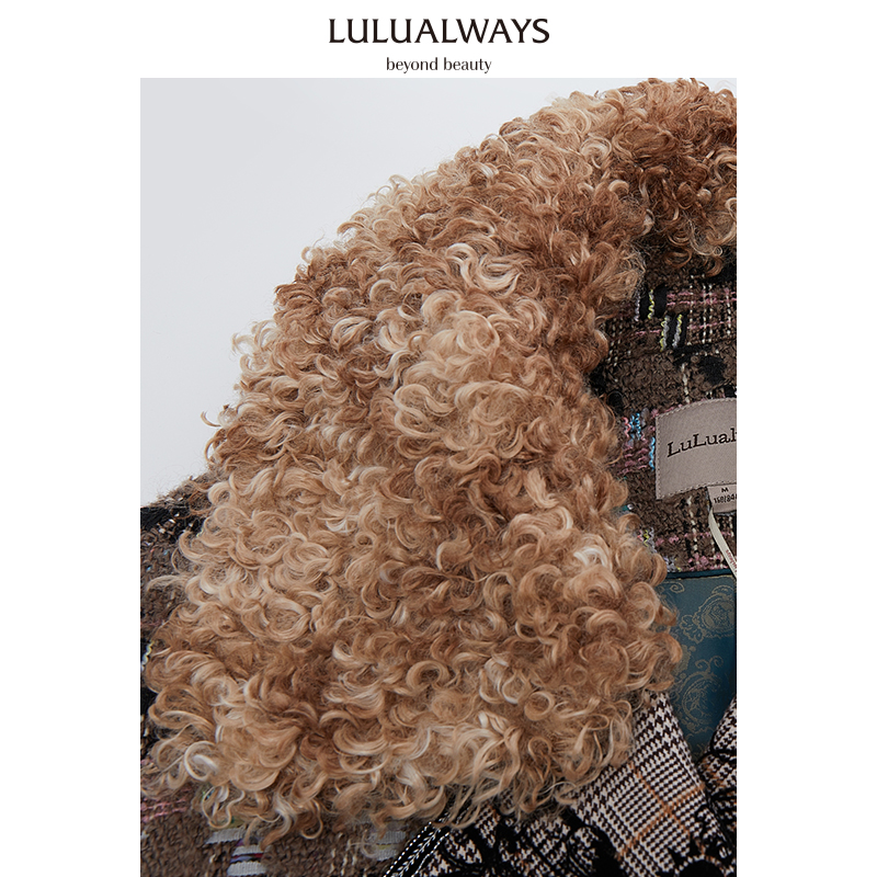 LULUALWAYS【商场同款】复古拼接小香风翻领绣花中长款毛呢大衣女