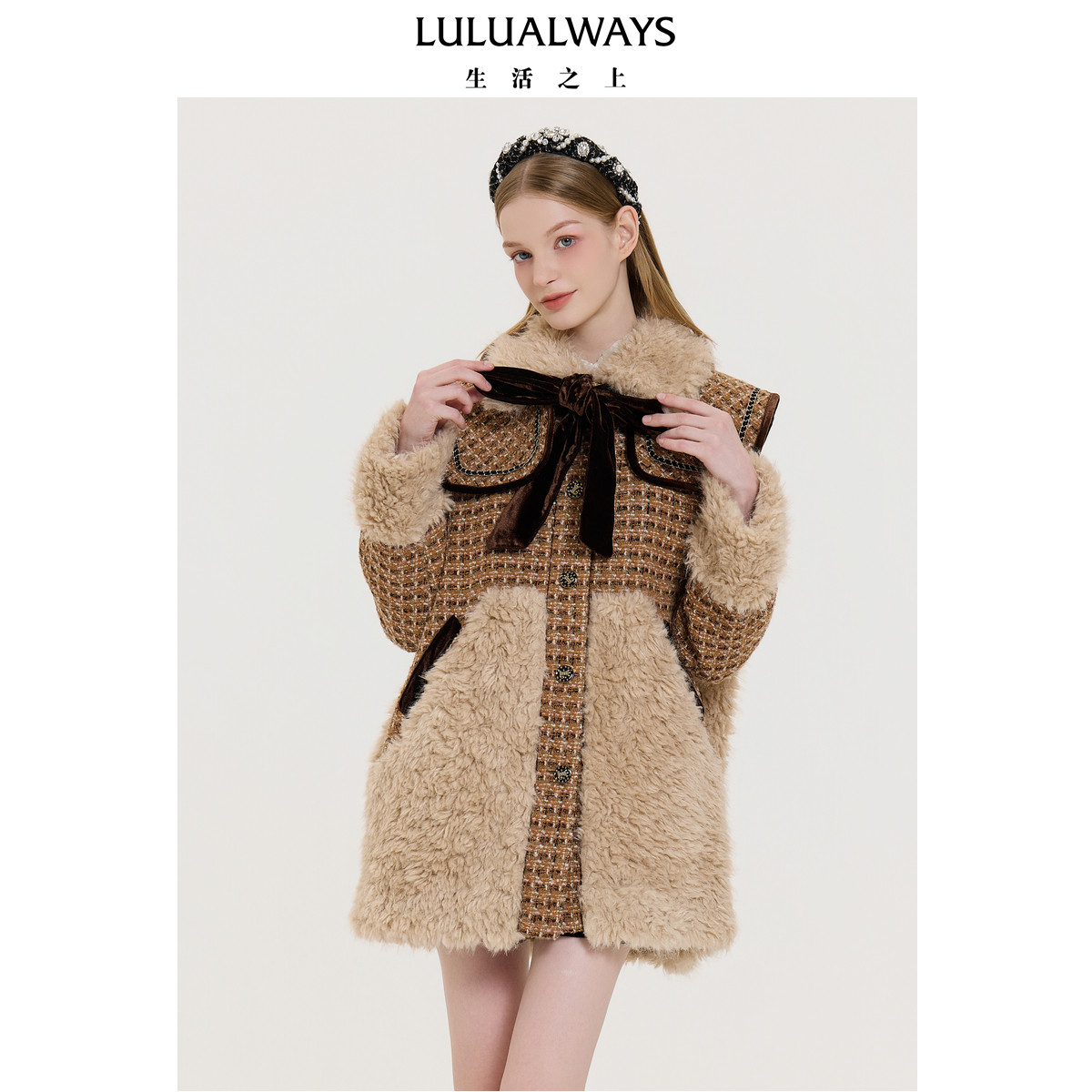 LULUALWAYS我爱露露25冬季新款甜美气质拼接毛绒蝴蝶结大衣长外套 款毛实拍商品图