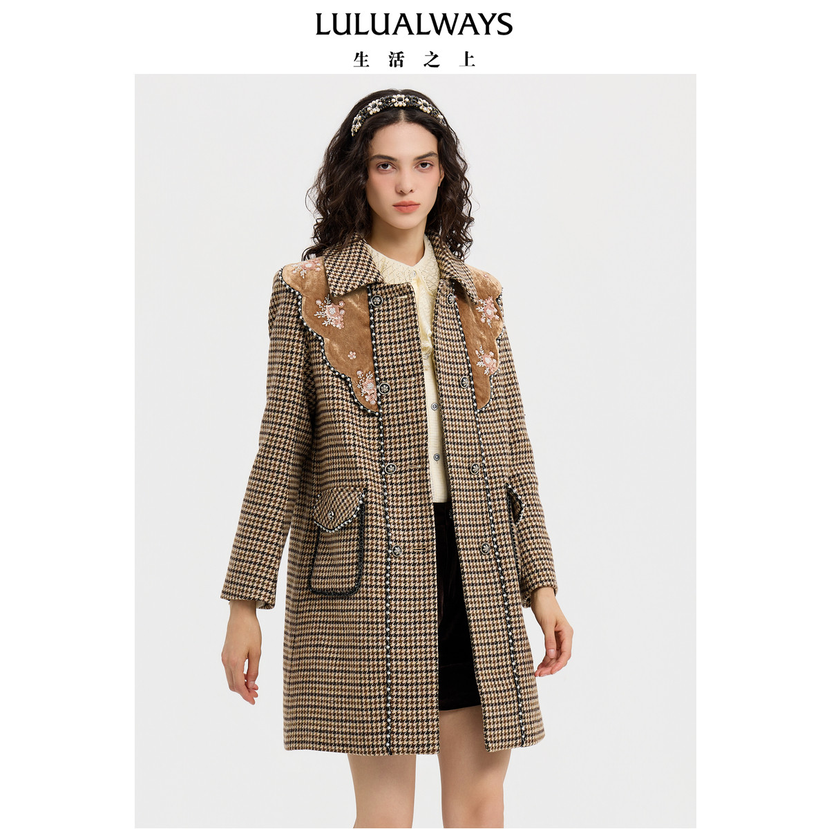 LULUALWAYS【商场同款】25冬季新款经典复古优雅千鸟格大衣外套女,淘宝优惠券,粉丝福利购,淘宝优惠卷