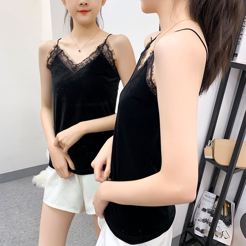 v领吊带丝绒拼接色蕾丝2020打底衫 韩伊格背心吊带