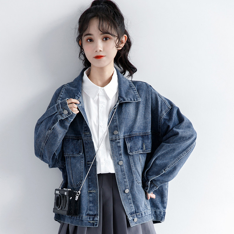 韩国2025早秋新款学院风深蓝色牛仔外套女秋冬韩版宽松夹克短外套,淘宝优惠券,粉丝福利购,淘宝优惠卷