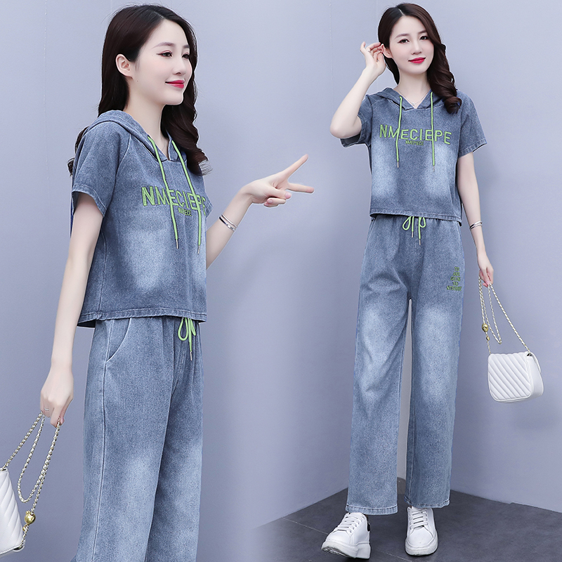 夏天短袖牛仔裤两件套2025夏季新款大码女装时尚休闲运动服套装潮 - 图1