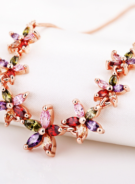 彩色花朵玫瑰彩金锆石锁骨项链