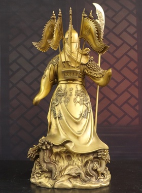 黄铜九龙关公聚宝盆招财横刀立刀