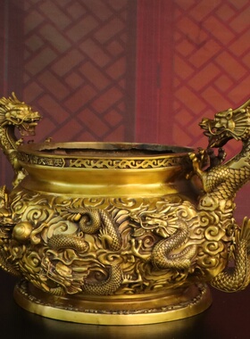 纯黄铜九龙香炉佛堂供奉摆件