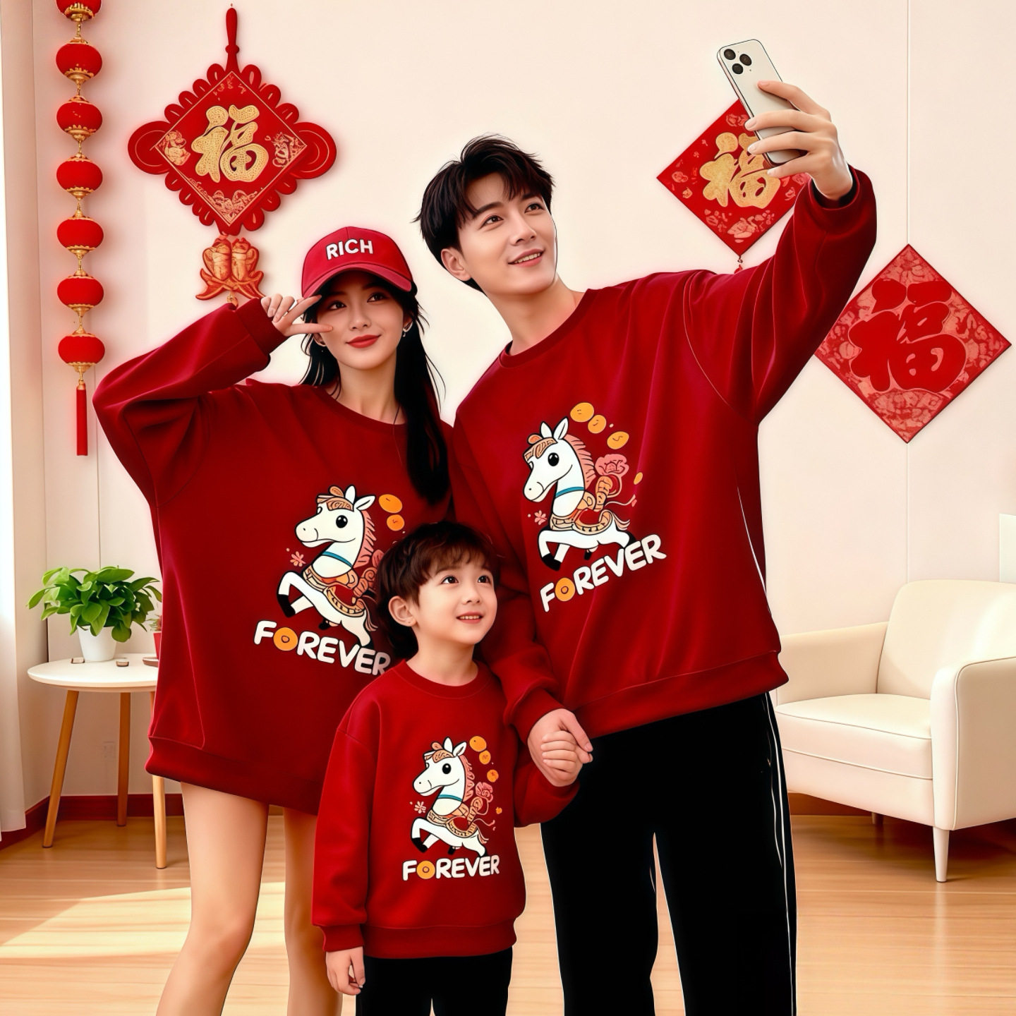 马年亲子装婴儿百天照周岁母子母女过年装一家三口秋冬加绒卫衣,淘宝优惠券,粉丝福利购,淘宝优惠卷