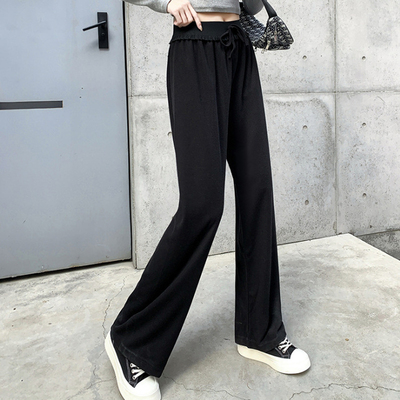 2021女款巴黎条阔腿裤】垂感高腰花边显瘦休闲裤宽松直筒拖地裤子