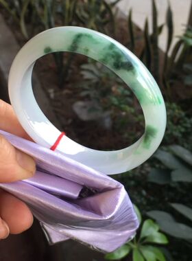 圈口55贵妃缅甸A货天然翡翠手镯保真正品冰飘花扁条玉镯子女款