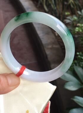 圈口55缅甸A货天然翡翠手镯保真正品冰种飘蓝绿花扁条玉镯子女款