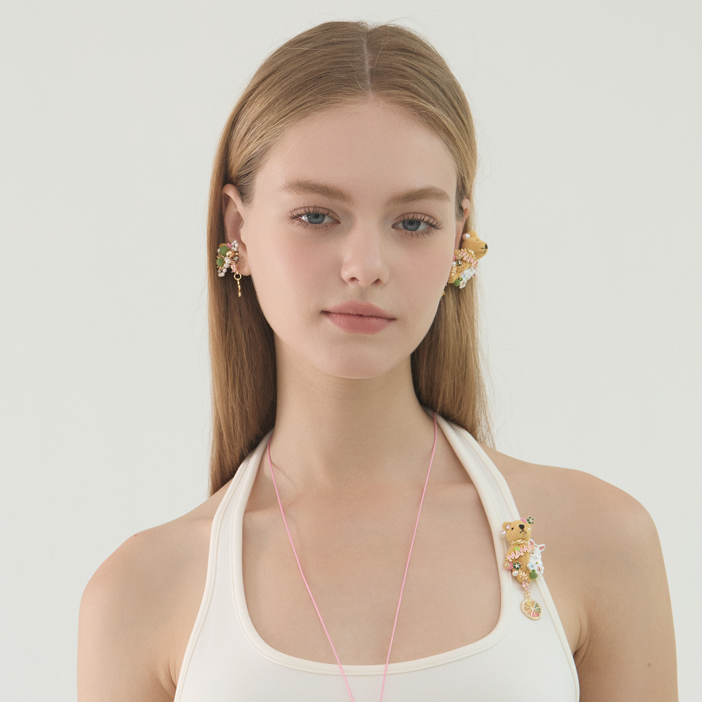 BING美丽熊系列 超可爱多巴胺小白兔毛绒黄熊不对称耳环项链戒指 - 图3