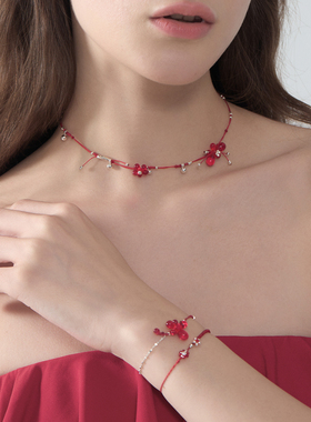 原创超仙红色花朵纯银锁骨链女
