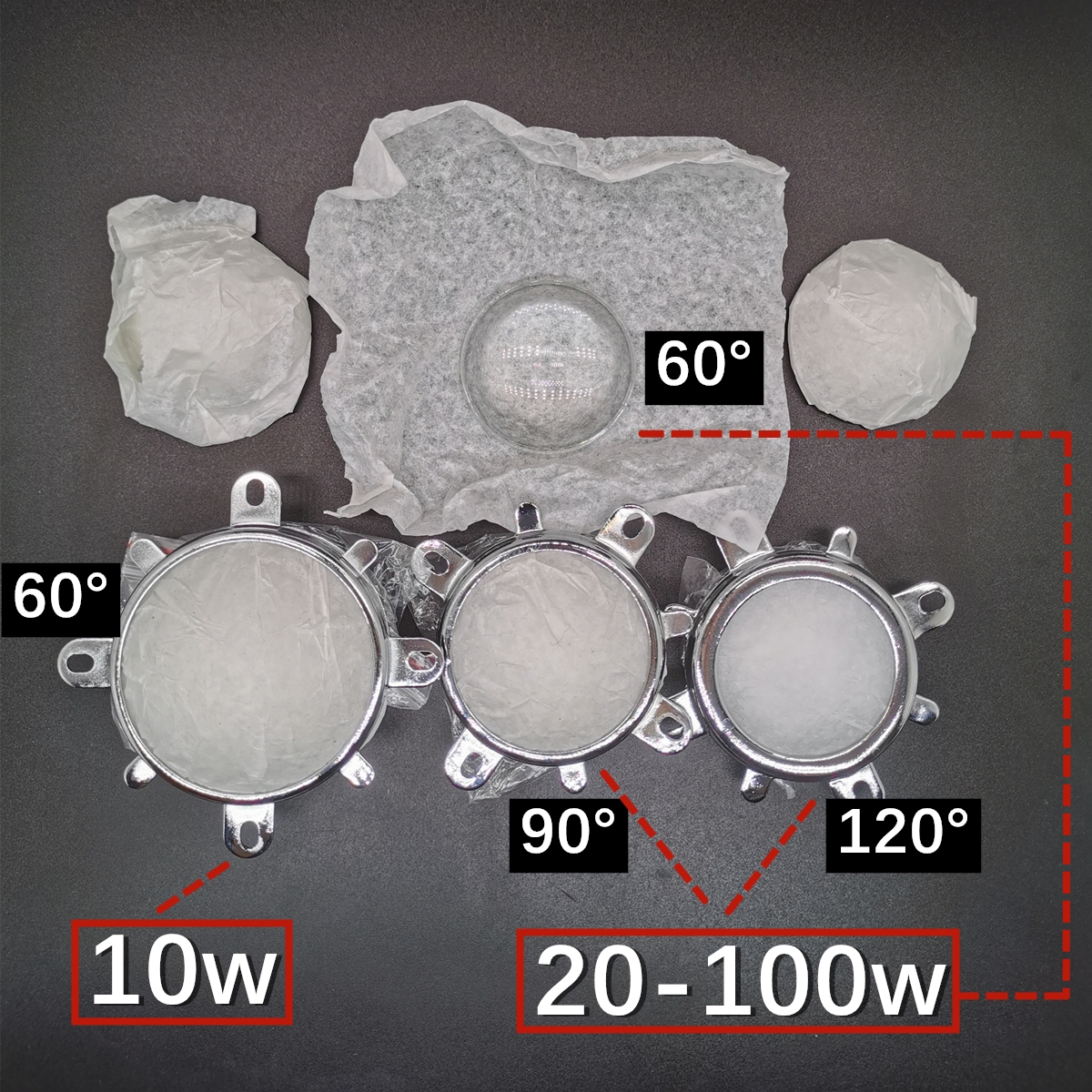 光学玻璃透镜50mm反光杯44mm12V灯珠聚光60度90度三件套厂家直销 - 图0