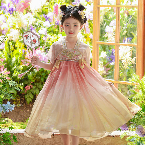 女童汉服夏季古装国风2025新款古风超仙连衣裙儿童唐装中秋节服装 - 图0
