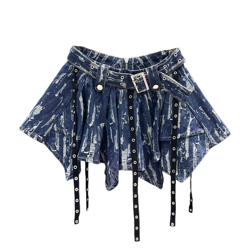 不规则辣妹牛仔半身裙女2025秋季新款设计感磨破复古显瘦A字短裙 - 图3