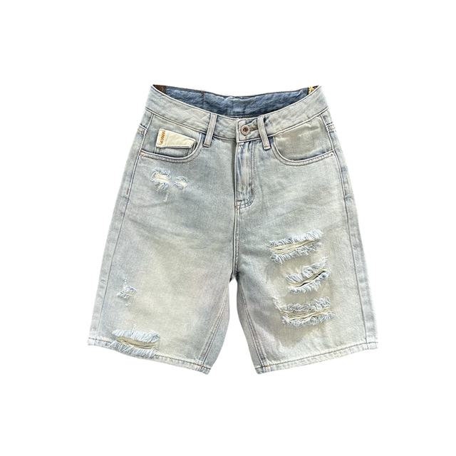 Retro ສີແສງສະຫວ່າງ ripped denim pants ໄຕມາດສໍາລັບແມ່ຍິງ pants ຂາກ້ວາງ