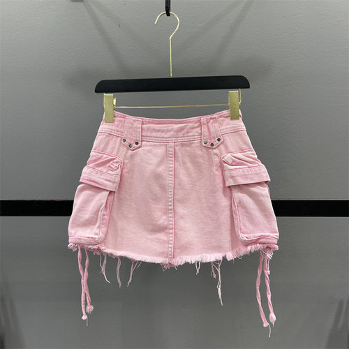 辣妹风牛仔半身裙女2025夏季新款个性绑带大口袋工装A字包臀短裙 - 图2