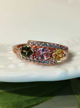 新品镀玫瑰金色碧玺彩宝开口戒指