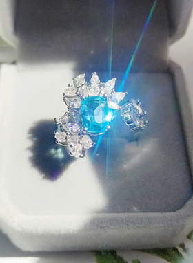 网红直播热卖新品海蓝天空蓝仿真托帕石相思花彩宝开口戒指女饰品