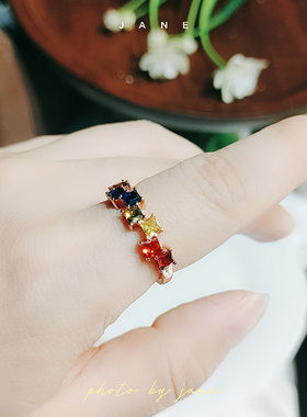 开口圈戒指可调节大小彩色方块气质简约指环