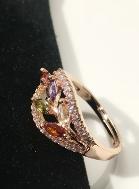 首饰彩色锆石戒指欧美风格镀金女个性镶钻树叶开口圈可调节大小