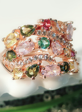 重工气质盖亚女神仿天然碧玺手链镶钻糖果色玫瑰庄园戒指开口调节