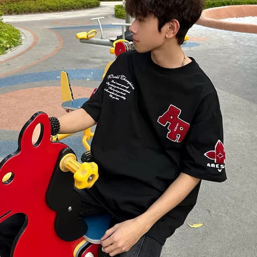 美式高街刺绣字母t恤男装2026新款国潮牌夏季宽松上衣情侣装短袖 - 图1