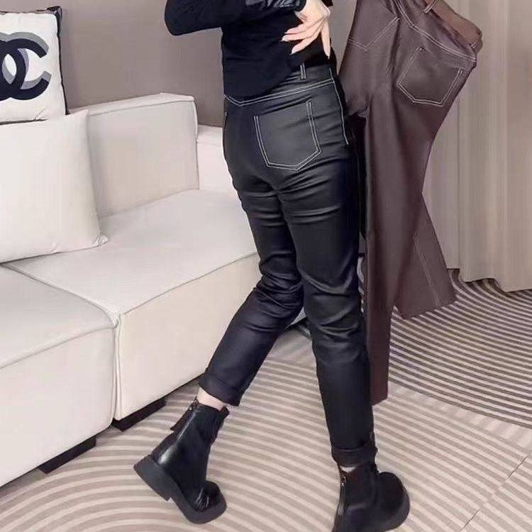 2025春秋冬显瘦修身铅笔九分裤欧货明线小脚烟管裤加绒图层皮裤,淘宝优惠券,粉丝福利购,淘宝优惠卷