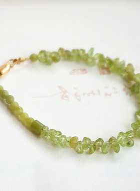 天然橄榄石水晶手链不规则随型手串粉简约森系绿色宝石