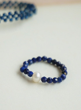 青金石淡水珍珠串珠戒指