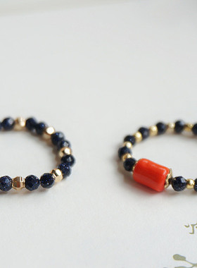 夜色很浅星河璀璨～天然石蓝沙石绿松石蓝色系串珠戒指小众