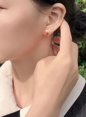 复古几何方形纯银南红玛瑙耳钉无耳洞耳夹红宝石耳环饰高级感简约
