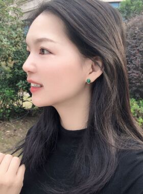 天然孔雀石耳钉耳夹无耳洞女简约复古条纹绿色耳饰气质高级感纯银