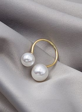 戒指韩国珍珠女 夸张大小开口指环戒指J588  极简珍珠 双戒指